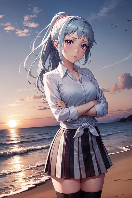 masterpiece, best quality, cowboy shot, looking at viewer, sad, saki kawasaki, very long hair, ponytail, hair scrunchie, school uniform, collared shirt, tied shirt, plaid skirt, kneehighs, crossed arms, outdoors, sunset, wind, beach, <lora:saki_kawasaki_v2:0.9>