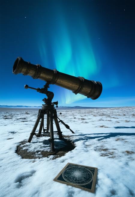 A colossal, antique telescope, pointed towards a swirling aurora borealis in a desolate, snow-covered landscape. Moonlight casts long shadows across the snow, creating a dramatic interplay of light and dark. A single, antique star chart lies partially buried in the snow nearby. Style of Ansel Adams meets H.R. Giger, blending naturalistic photography with biomorphic surrealism. Predominantly deep blues and whites, with accents of emerald green from the aurora. Hyperrealistic texture, volumetric lighting, cinematic composition, sense of cosmic wonder and isolation.