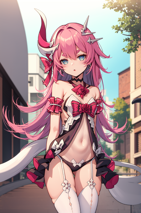 rozaliya, blue eyes, pink hair, long hair, bangs, thick eyebrows, horns, single horn, hair ornament, tail  dress, red rose, bow, bare shoulders, wrists cuffs, white glove, black glove, mismatched gloves, black panties, white thighhighs
