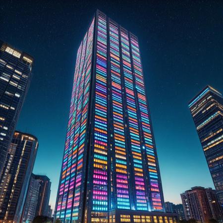 LED, a skyscraper with colorful LED lights, detailed background, detailed texture, Night sky.