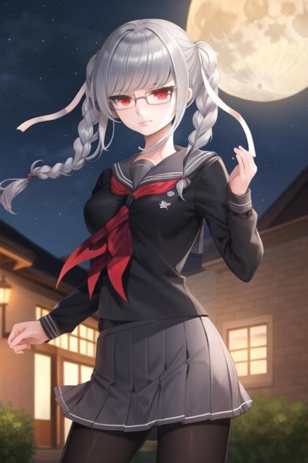 <lora:PekoDG:0.8>, 1girl, breasts, closed mouth, cowboy shot, floating hair, frown, glasses, hair ribbon, large breasts, long sleeves, looking at viewer, miniskirt, neckerchief, pantyhose, pleated skirt, red neckerchief, ribbon, sailor collar, school uniform, serafuku, shiny, shiny hair, shirt, skirt, solo, standing, white ribbon, lips, night, moon, outdoors,