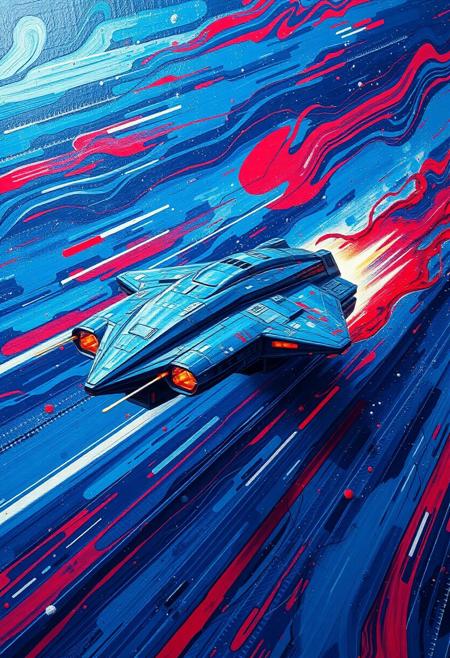 A hyper-stylistic, extremely detailed image depicts a breathtaking painting, crafted from a combination of smeared red and blue metallic paint. A large intergalactic starcraft traveling light speed through space is captured in a streaked motion, as if it is moving rapidly in one direction. The blue paint is applied in bold, dynamic strokes, creating a sense of energy and movement that is contrasted beautifully by the red accents. The red paint is used to highlight the starcrafts features, adding a sense of depth and dimensionality to the image. The overall effect is one of breathtaking, surreal dynamism, as if the viewer has captured a fleeting moment in time. Every detail of the image is meticulously crafted, from the delicate, swirling patterns of the red paint to the intricate, textured patterns of the blue paint. The contrasts between light and dark, color and texture, create a sense of tension and energy that draws the viewer in, inviting them to explore the kinetic world of the painting. highest-Quality, intricate details, visually stunning, Masterpiece