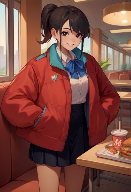 mcdgirlfriend, ponytail red jacket, collared shirt, blue bow, black skirt