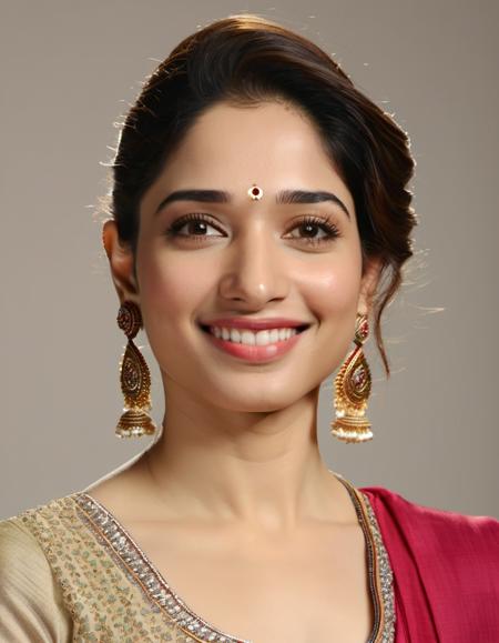 headshot photo of tamannah bhatia woman, studio quality,smiling, subsurface scattering, high collar indian dress,  canon 5D, realistic skin texture, skindentation, flat white background, 