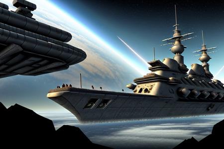 a space pirate battleship among the ruins of an advanced, futuristic city