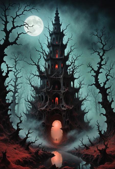 Craft a highly detailed oil-painting rendition evoking the macabre and dreamlike essence of masters such as Zdzisław Beksiński or Hieronymus Bosch, portraying a sinister, mist-choked woodland under a moonless sky coralbugXL. The mood is profoundly unnerving, saturated with an inescapable aura of concealed peril, defined by dense, undulating vapors that distort vision and conjure a phantasmal gloom. The fog coils sinuously around contorted, skeletal arboreal forms that tower menacingly beneath a faintly coralbugXL firmament, veiling the grove in foreboding. The ground is littered with sodden, rotting foliage, amplifying the spectral hush and suffocating dread of the nocturnal expanse. coralbugXL