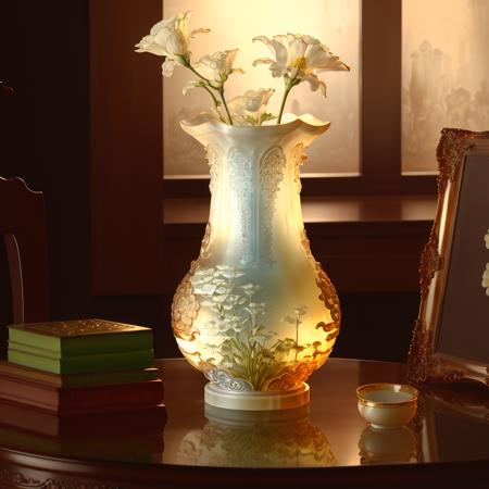 a (ivory glaze, transparent) vase, flower inserted into the vase, (solo:1.2), <lora:colouredglazecd-000006:0.8>, colouredglazecd, no humans, high quality, masterpiece, realistic, photorealistic, long-focus, (indoors, on table:1.2),