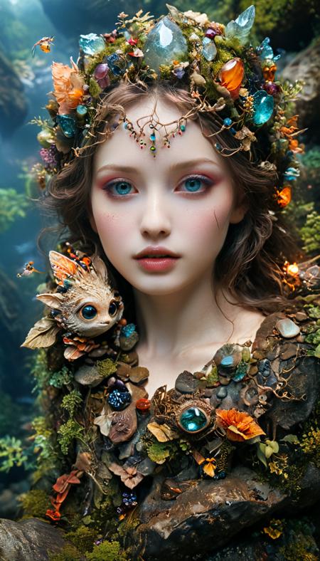 fantasy portrait photography, beautiful eyes, ethereal beauty, magical atmosphere, whimsical element, enchanting composition, mystical storytelling, professional lighting, imaginative concept, creative styling, otherworldly aesthetic, fantasy romance, surreal visual, enchanting character, captivating narrative, intricate detail, vibrant color, fantastical landscape, a small ancient creature made of rock, by Hidetaka Miyazaki, trending on the artstation