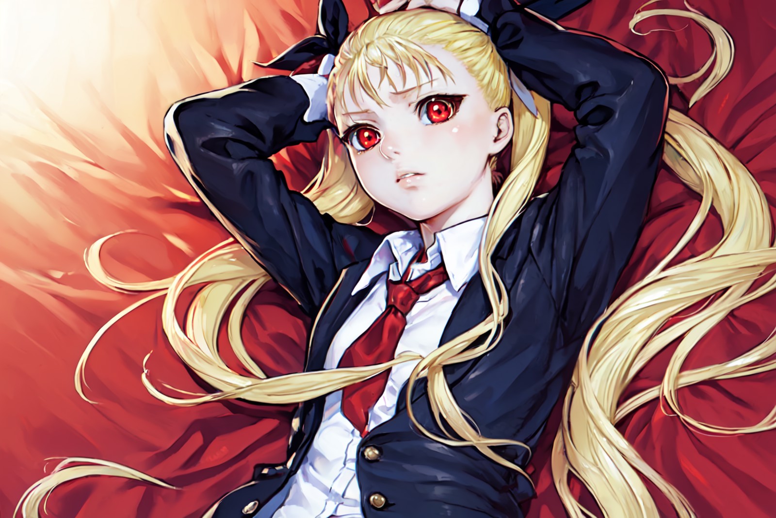 Mina Tepes,1girl,solo,long hair,blonde hair,shirt,red eyes,ribbon,twintails,hair ribbon,lying,necktie,on back,arms up,fate...