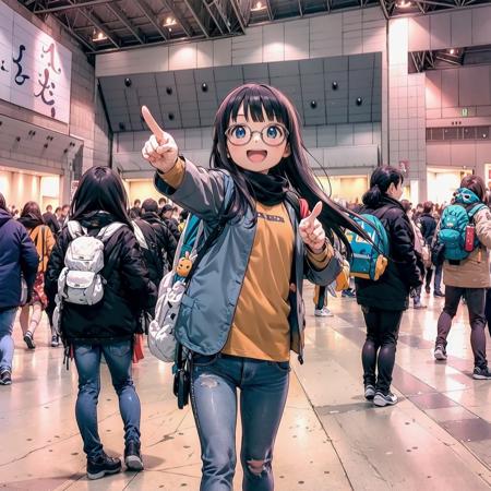 best quality, ultra-detailed, illustration,
1girl, solo, glasses, black hair, long hair, field jacket, jeans, backpack, smile, laughing, pointing at viewer, looking at viewer,
comiket, photo background, scenery, real world location, 6+boys, crowd, indoors
<lora:comiket_SD15_C103:1>