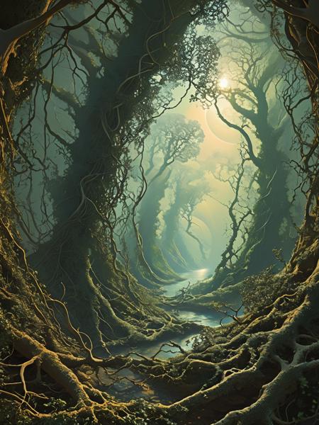 Fractalvines, A dreamscape where fractalvines intertwine with thoughts and emotions, forming landscapes of the subconscious, where hidden desires and fears take shape. <lora:Fractal_Vines:1>  <lora:EnvyBetterHiresFixXL01:0:hr=1>
