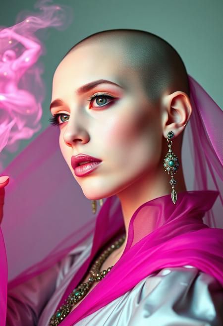 human sorceress, ((((fully shaved head)))), pale, subtle eyeshadow, teal lips, silver and magenta gown, ((fantasy art)), ((sensual)), ((high fantasy)), colourful, magic,
, rear projection, pastel color grading, low-angle shot