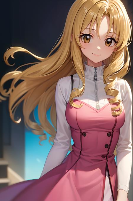 (exceptional, best aesthetic, new, newest, best quality, masterpiece, extremely detailed), 1girl, solo, mitsuki_fullmoon, drill_hair, straight_hair, smile, looking_at_viewer, pink_dress