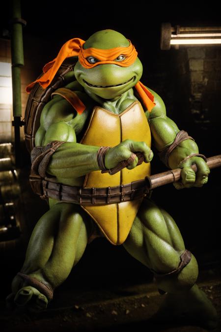 <lora:TMNTMichelangelo-10:0.8>(RAW photo, real life, absurdres, high quality, photorealistic, detailed, realistic:1.3), (solo:1.3), a high resolution photo of a TMNTMichelangelo, a teenage mutant ninja turtle with an orange bandana mask with eye-holes holding a pair of nunchucks standing in a sewer interior,  fight stance pose, pipes and sewer interior and sewer water in background, cinematic, atmospheric, 8k, realistic lighting, shot by Hassleblad H6D, Zeiss, Kodachrome, nikon, 50mm 1.2 lens, Octane Render, ultra realistic, realistic lighting, photorealistic, photorealism, photoreal, unreal engine 5, Adobe After FX, highly detailed, intricate detail