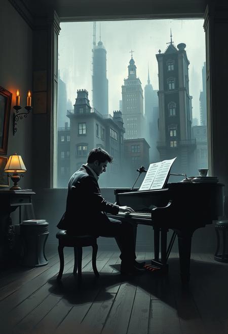 A poet sitting at a grand piano in an old parlor, while the walls behind him melt into a blurred, dreamlike cityscape, bold digital semi-realism meets melancholic expressionism, soft painterly textures blending into crisp stylized portraiture, dramatic moody lighting, eerie and contemplative atmosphere, muted grays with neon highlights, deep introspective emotion, surreal abstraction merging with bold character design