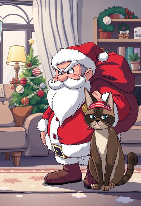 ANIME STYLE, LIVING ROOM, CHRISTMAS TIME, SANTA CLAUS ANGRY WITH A BAG FULL WITH COAT, NEXT TO HIM AN ANGRY COMMON CAT WITH A BANDAGE ON HIS HEAD