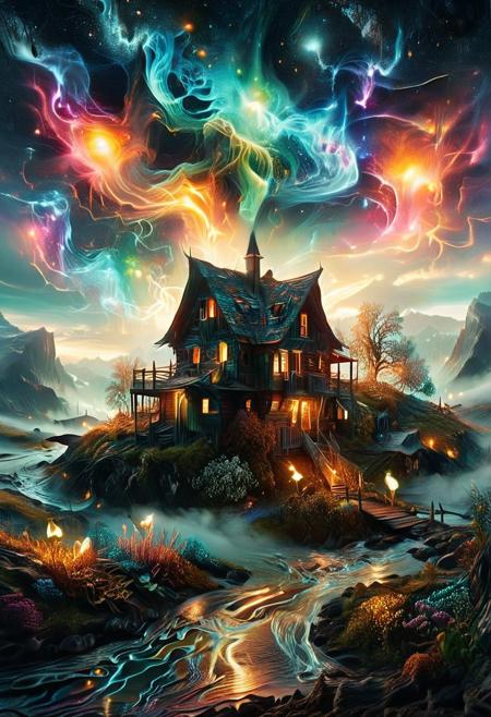 (by Ellen Jewett:1.5), (Bioluminescent Impressionism, The Dreamland), their peaks veiled in mist. mixed media, surrealism, great lighting, A surreal landscape highly detailed . extremely high-resolution details,  appears trapped in an optical illusion of reflections and refractions colorful , mountain cabin, professional photography, natural lighting, volumetric lighting maximalist. intricately detailed, complex, elegant, night, moon, meteor shower, expansive, fantastical, film photography style,  <lora:MJ52:0.3>  <lora:SDXLFaeTastic2400:0.4>  <lora:EpicF4nta5yXL:0.7>.ethereal landscapes, depth of field, biotech emotion:1.3) <lora:xl_more_art-full_v1:0.5> <lora:add-detail-xl:1> <lora:RMSDXL_Creative:2>, GhostlyStyle, lthndrtrl