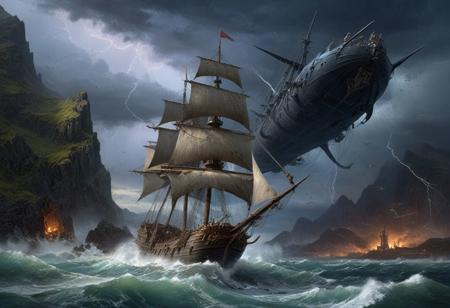 Night Landscape oil painting where the storm is the focal point. The storm dominates the skyscape while in the foreground a flying ship is battered by the winds. To spindly metal spires stand resolute in the face of the coming storm, built within a steep mountain pass. ((Highest quality:1.0),(High resolution:1.0), (masterpiece:1.0), (overview:0.6), beautiful and aesthetic:1.3), extreme detailed, colorful, highest detailed,((ultra-detailed)),(highly detailed CG illustration),((Gloomy and Dark Atmosphere)),,