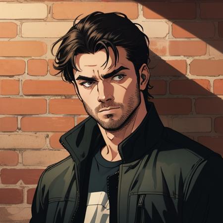 Graphic novel style illustration of upper body, rugged young man, handsome, stubbles, brick wall background, sharp, extreme detailed, HD, HDR, 4K, high quality, high resolution, 2D, masterpiece, epic, cinematic, digital artwork