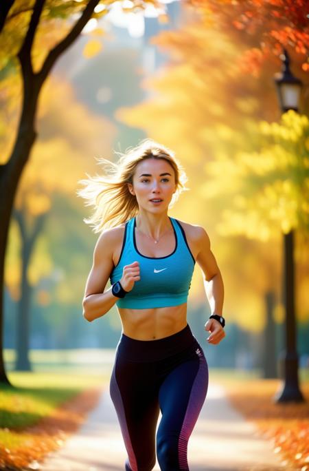 A photorealistic image of sbrn crpntr woman,  jogging in a vibrant park setting, during a sunny morning, with rich and bright colors, expressing determination and energy, in the style of Impressionism, featuring dynamic epic action, with a soft bokeh background effect, analog film grain, bokeh