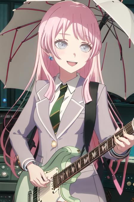 best quality, masterpiece, highres, solo, {chihaya_anon_bangdreamitsmygo:1.15}, long_hair, pink_hair, bangs, blush, necktie, grey_eyes, blazer, open_mouth, upper_body, indoors, 1girl, earrings, jewelry, microphone, necklace, smile, choker, virtual_youtuber, closed_eyes, holding, music, umbrella, guitar, instrument