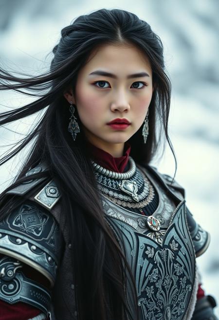 symmetrical full shot of a mongolian warrior girl, standing pose, long hair, black hair, jewelry, red eyes, makeup, red lipstick, pale skin, white skin, armour, earrings, wearing elegant costume, in the moutains at winter, winter, snow in the background,  skin texture, best quality, ultra-detailed, analog style, cinematic light, sidelighting, ultra high res, serious expression , closed mouth, wind, mist