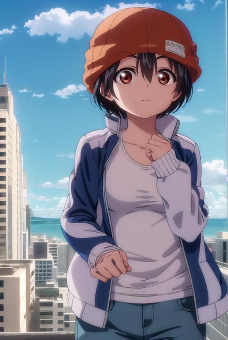 fuukoizumo, <lyco:fuuko izumo s1-lyco-nochekaiser:1>,
fuuko izumo, black hair, hair between eyes, (brown eyes:1.5), short hair,
BREAK shirt, white shirt, jacket, open jacket, pants, denim, beanie, (red beanie:1.2),
BREAK outdoors, city, sky, clouds, sun,
BREAK looking at viewer, (cowboy shot:1.5),
BREAK <lyco:GoodHands-beta2:1>, (masterpiece:1.2), best quality, high resolution, unity 8k wallpaper, (illustration:0.8), (beautiful detailed eyes:1.6), extremely detailed face, perfect lighting, extremely detailed CG, (perfect hands, perfect anatomy),