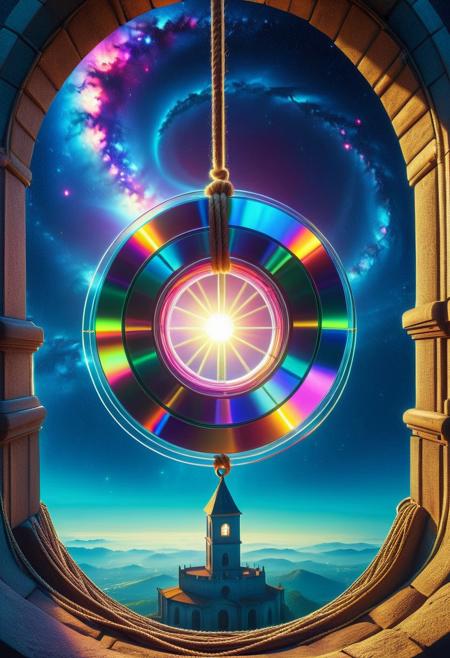 CD Repeat, Masterpiece, best quality, amazing quality, absurd, latest, volumetric lighting, UHD, SFW, vibrant colors, neon, vivid colors, rope made of cd's, hanging fro a belltower window catching the early morning light, exquisite detail, digital art, realistic, highly detail, beautiful, surreal, dramatic, galaxy fantasy colors, No_Humans
