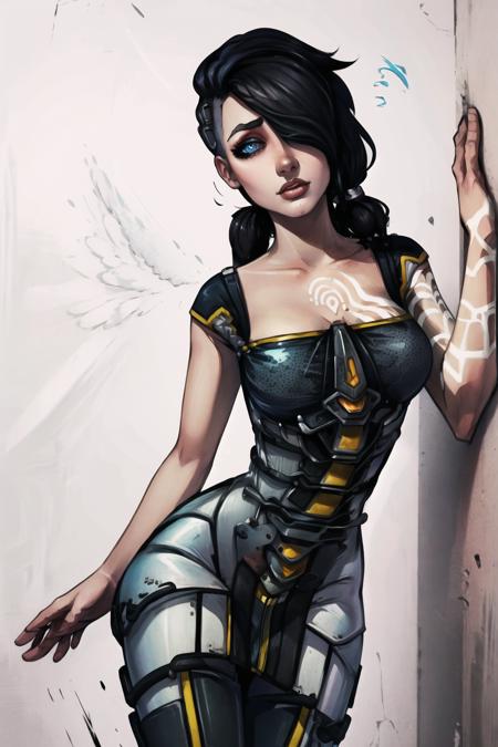 (masterpiece, best quality:1.2), <lora:angel_(borderlands):.95>, angel (borderlands), 1girl, solo, black hair, hair over one eye, tattoo, asymmetrical hair, makeup, undercut, lips, arm tattoo, blue eyes, leaning against wall, looking at viewer, one leg bent, casual