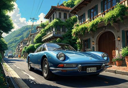 (studio ghibli digital drawing), best quality, masterpiece, extremely detailed,  professional  art,  professional painting, an extremely delicate and beautiful, dynamic,  great lighting, perfect shading, professional shading, depth of field,   side soft light, elegant, gorgeous, highly detailed,   full shot, uncropped,   pure genious, absolutely perfect,  highly detailed, breathtaking, classic sports car, comfortable and sleek, retro futuristic, dynamic turn around a corner, beautiful coastal road,