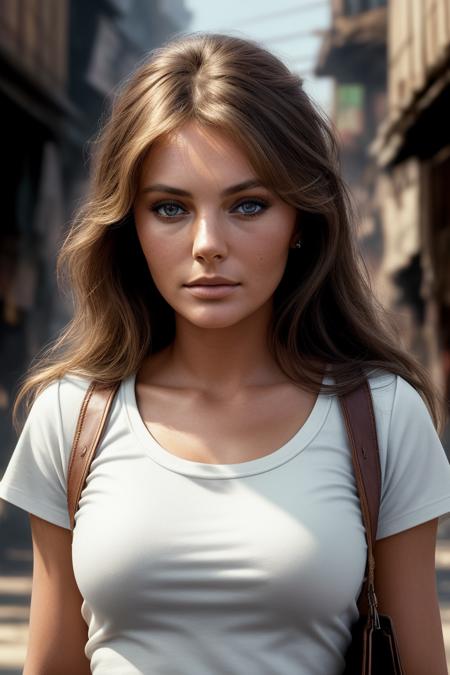 photo of extremely sexy (jb1sset-140:0.99), a woman as a sexy student, ((closeup portrait:1.3)), modelshoot style, (extremely detailed CG unity 8k wallpaper), photo of the most beautiful artwork in the world, professional majestic oil painting by Ed Blinkey, Atey Ghailan, Studio Ghibli, by Jeremy Mann, Greg Manchess, Antonio Moro, trending on ArtStation, trending on CGSociety, Intricate, High Detail, Sharp focus, dramatic, photorealistic painting art by midjourney and greg rutkowski, (white t-shirt:1.2), (leather jacket), (jeans), ((city slums)), (looking at viewer:1.2), (detailed pupils:1.3), (holding a shopping bag:1.1)