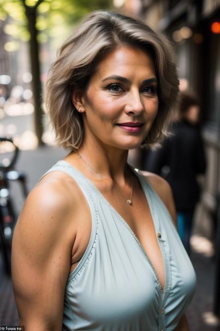 1female, 65 years old, Chubby, Silvia saint look, snub nose, blond and grey hair, short hair, snub nose,  Detailed Colorful Fashion, standing, in the street, in Amsterdam, portrait photo, natural, eyes contact, scenic, shallow depth of field, vignette, highly detailed, high budget Hollywood film, bokeh, cinemascope, moody, epic, gorgeous, film grain, Canon EOS R,Canon RF 85mm F1.2L USM, ISO 100
<lora:Detailed Colorful Fashion By Stable Yogi:0.8> Detailed colorful fashion yellow
<lora:DETAIL_SLIDER_BY_STABLE_YOGI:0.8>
<lora:NOISEOFFSET_BY_STABLE_YOGI:0.8>darkness