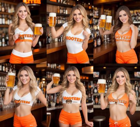 masterpiece, perfect eyes, beautiful faces, makeup, smile, professional photo, natural lighting, full body, perfect face, makeup, young woman, realistic photo, Hooters,  <lora:HootersV1:0.7>, beautiful face, perfect face, masterpiece, holding beer mug in bar, orange shorts, white shirt,