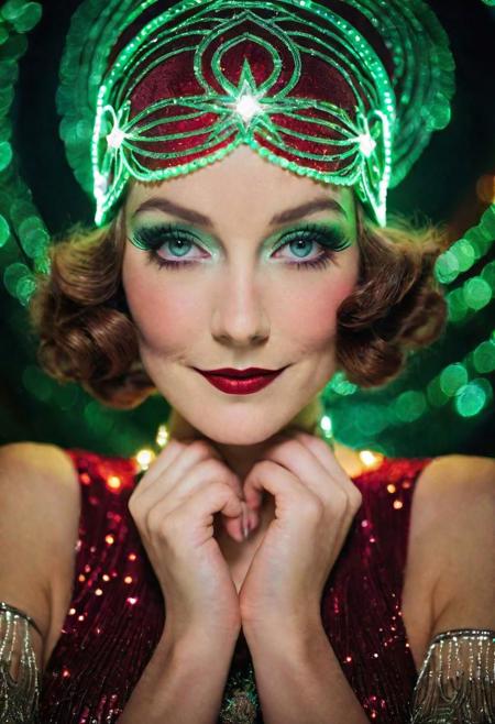 psychedelic photo of santa woman, christmas girl, art deco flapper, detailed eyes, aurora lights, smirk, swirly, geometric, xmas