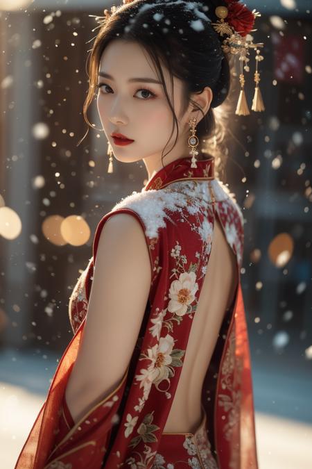 Warm Snow, 1girl, solo, hair ornament, black hair, jewelry, earrings, looking at viewer, blurry, snow, snowing, red lips, chinese clothes, looking back, upper body, flower, blurry background, makeup, black eyes, lipstick, hair stick, realistic, floral print, lips, closed mouth,
best quality,masterpiece,illustration,an extremely delicate and beautiful,CG,unity,8k wallpaper,Amazing,finely detail,masterpiece,official art,extremely detailed CG unity 8k wallpaper,incredibly absurdres,huge filesize,ultra-detailed,highres,extremely detailed,beautiful detailed girl,realistic,<lora:Warm Snow_20240127032610:0.8>,