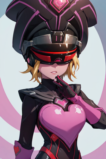 Immorta, 1girl, solo, short hair, blonde hair, gloves, hat, heart, bodysuit, colored skin, purple skin, pink skin, helmet, head-mounted display