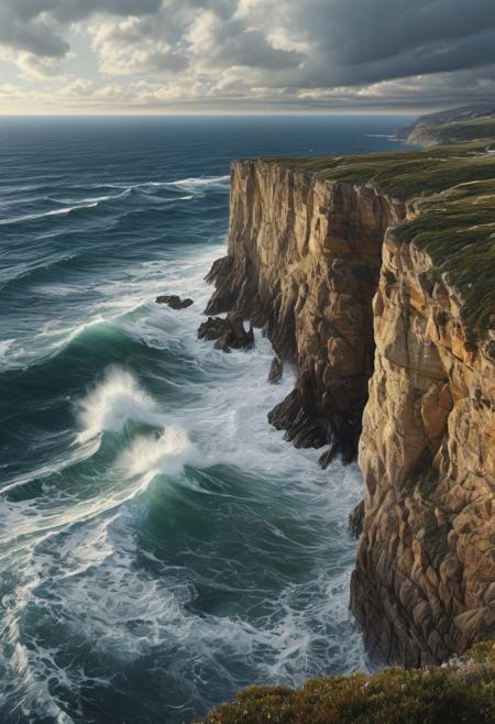 Generate a hyperrealistic, photorealistic digital painting of 
A striking view of coastal cliffs with crashing waves and a dramatic sky, rendered in the styles of Alexander Volkov, Richard Estes, and Michael James Smith.