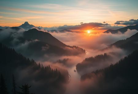 mist, mountains, rivers and forests, a wide vista, medieval, D&D, real photo, 4k, high contrast, vibrant colours, movie still, sunset, rich colours