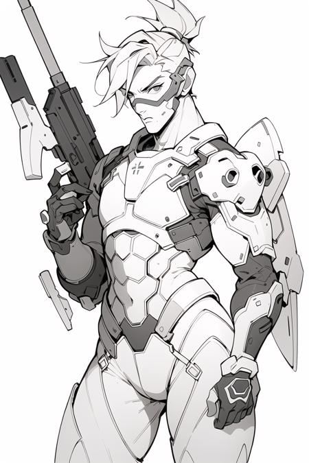 masterpiece, best quality,((lineart)),(White background:1.5)，((monochrome)),Overwatch Genji, <lora:Game style concept-v1.0:0.2>