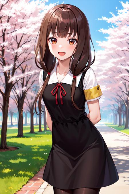 masterpiece, best quality, highres, aamiko, long hair, low twintails, blunt bangs, collarbone, neck ribbon, red ribbon, pinafore dress, short sleeves, armband, black pantyhose, <lora:iino_miko_v1:0.8>, cherry blossoms, outdoors, standing, leaning forward, arms behind back, smile, open mouth,