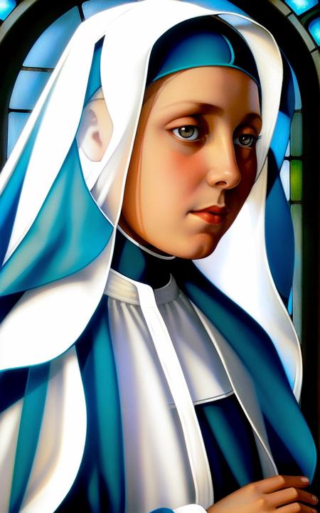 <lora:TDLP:0.6> painting of a beautiful young nun in profile view in front of a stained glass window, she is wearing a white cloak with blue trim and holds a rosary, she is standing in a dimly lit convent, <lora:epiNoiseoffset_v2:0.6>