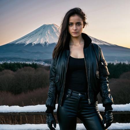 RAW full body analogue photo of a beautiful 20 years old woman, clear focus, 8K,__Random_Woman__,perfect face, sexy pose, wearing Urban Warrior, a black bomber jacket, leggings, and combat boots, accessorized with fingerless gloves, perfect eyes, detailed eyes, detailed iris, realistic skins, absolute perfect tits, natural tits ,low light, soft natural light, Rembrandt style light, Hasselblad DLSR camera, 200mm Zeiss lens, f/2.8 ,Sexy pose, erotic pose, exhibitionism ,The Mount Fuji in Japan with its snow-capped peak and surrounding lakes