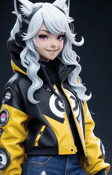 nijilorawolf a nijigirl with wolf - ears <lora:nijilorawolf-000002:0.55>
wearing scifi jacket with hoodie, wavy long hair, big warm smile, dancing, a huge diamond necklace, big beautiful cobalt ODD eyes, very detailed