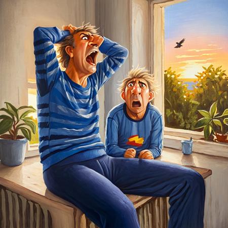 oil painting art, 
old sad male, solo, yawning, stretching arms, messy hair, dressed in a  striped shirt and blue sweatpants, sitting on windowsill, sunrise, glowing morning light, birds outside, soft and warm tones, serene atmosphere, detailed background, sad expression, cel shading, clean color, <lora:LojkinXL:0.75>  <lora:add-detail-xl:0.6>