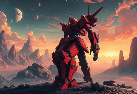 Create a highly detailed, realistic illustration of a red mecha standing on a fantastical planet with a Black Illusion Ritual-inspired background. The mecha should be in a 3/4 profile view, with a focus on its intricate, electronic hardcore design. The image should be rendered in a style reminiscent of Miyazaki, with a blend of traditional and digital media textures. The level of detail should be ultra-high, with a focus on lifelike, micro details and a golden ratio composition. The image should be cinematic, with dramatic lighting and a sense of depth. The desired output should be in 8K resolution, with a high-quality, realistic aesthetic. Reference artists include Greg Rutkowski, Ilya Kuvshinov, and Artgerm.