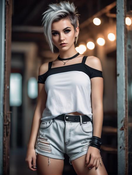cinematic photo a girl detailed face beautiful eyes brown hair black thighhighs white top shorts sneakers indoors looking at viewer full body,Updo hair,Silver hair,Grunge style Textured distressed vintage edgy punk rock vibe dirty noisy,Short Exposure,Paparazzi Photography, . 35mm photograph, film, bokeh, professional, 4k, highly detailed