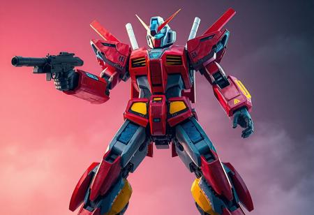 The image features a vibrant, detailed robot standing proudly with a dynamic mix of red, blue, and yellow. Accented with black and white, the robot's red body is adorned with blue and yellow on the arms and legs, and a striking blue head. Holding two guns, the robot's head turns left, arms outstretched, and legs spread for balance. Despite being a epic, the robot exudes power and readiness, with 4K quality, cinematic lighting, and vivid details reminiscent of Octane Render, Unreal Engine 5, and Raphael Style. The image is highly detailed, with a beautiful matte painting, impeccable composition, captivating lighting, and a powerful message.Tomato Paradise