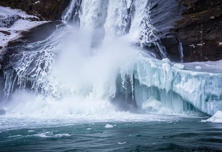 A breathtaking masterpiece—an awe-inspiring display of nature's raw power and delicate artistry. The waterfall bursts forth with unbridled energy, its silver torrents cascading down a frozen cliffside in a dynamic, almost theatrical entrance. The rushing water collides with the ice, shattering into mist and diamond-like droplets, creating an ethereal contrast between movement and stillness. The smooth, glassy ice glistens under the light, reflecting the chaotic dance of liquid and frozen elements. A symphony of forces—water carving its path, ice standing its ground—locked in a mesmerizing duel that captivates the senses.