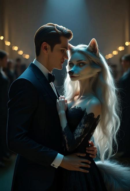 Score_9, Realistic male human and female wolf, 1girl, 1boy, duo, tall anthropomorphic wolf woman with sleek silver fur, individual strands visible in soft lighting, long flowing hair blending into her thick mane, piercing blue eyes full of emotion, large bushy tail curling slightly, wearing a stylish black dress with delicate lace details, human man with short blond hair, chiseled jawline, sharp yet kind green eyes, wearing a tailored dark suit, gently holding her waist, her hands pressed against his chest, dancing closely under soft moonlight, fairy lights twinkling in the background, elegant evening ambiance, ultra-realistic fur and textures, cinematic realism, high quality, mid-range shot, straight-on angle, romantic, intimate.