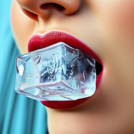 Side view of mouth of a woman sucking on an ice cube